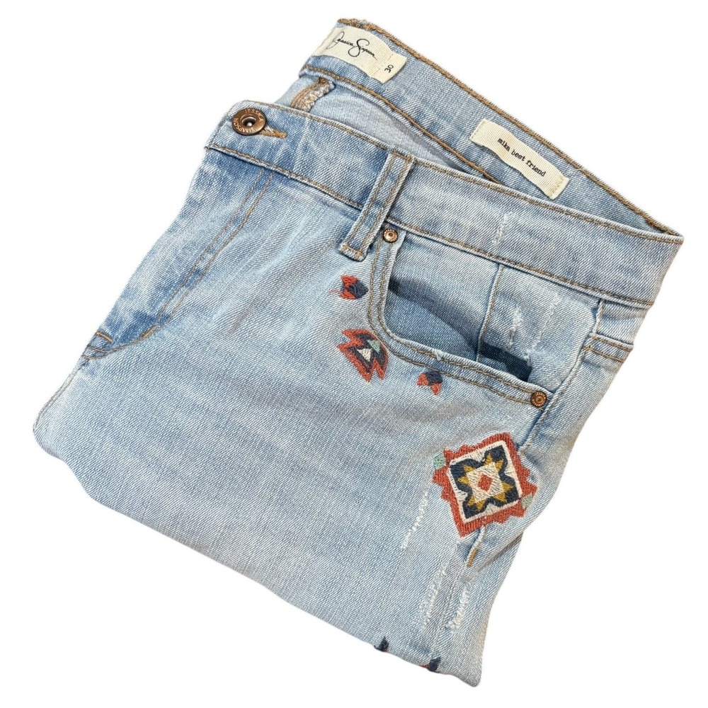 Jessica Simpson Mika Best Friend Embroidered Light Wash Distressed Jeans 30